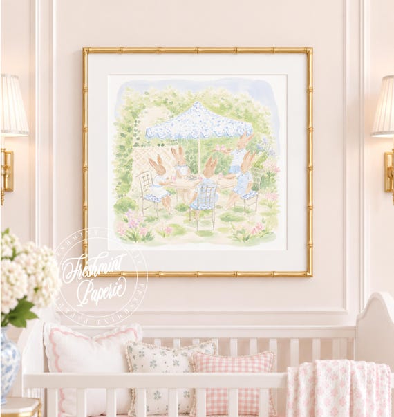 Nursery Wall Art, Bunny Tea Party, Grandmillennial, Chinoiserie