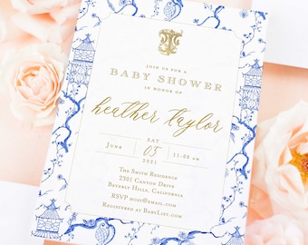 Chinoiserie invitation - Monogram invitation - Ginger Jar Invitation - Chinoiserie invitation - Baby Shower Invitation