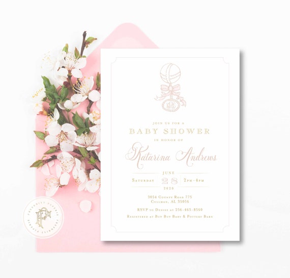 Monogram Baby Shower Invitation - baby shower invitation - baby shower invitation - Baby Rattle invitation - Pink baby shower