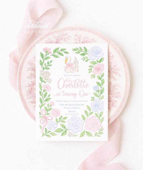 Swan Birthday Invitation: Watercolor Floral Crest (Digital File)