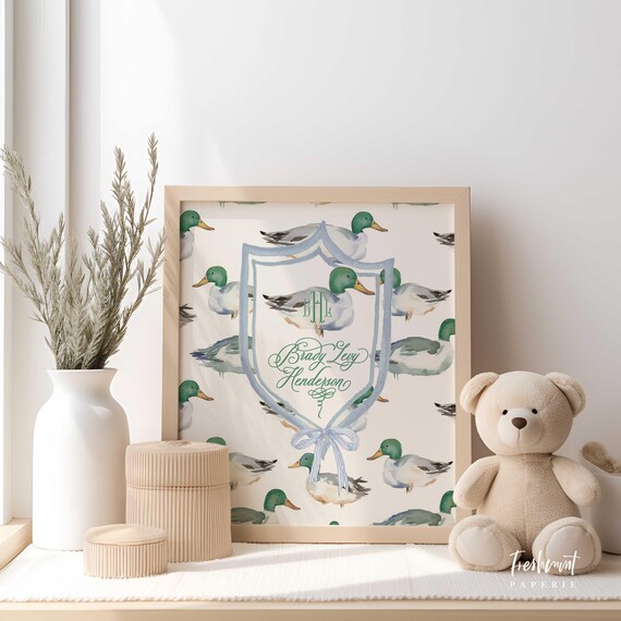 Mallard Duck wall art, Duck Wall Art, Monogram wall art, Mallard Duck Monogram Art Print, Custom nursery wall art