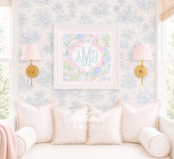 Monogram Wall Art, Monogram, Medallion, Grandmillennial, Watercolor, Chinoiserie, Hydrangeas