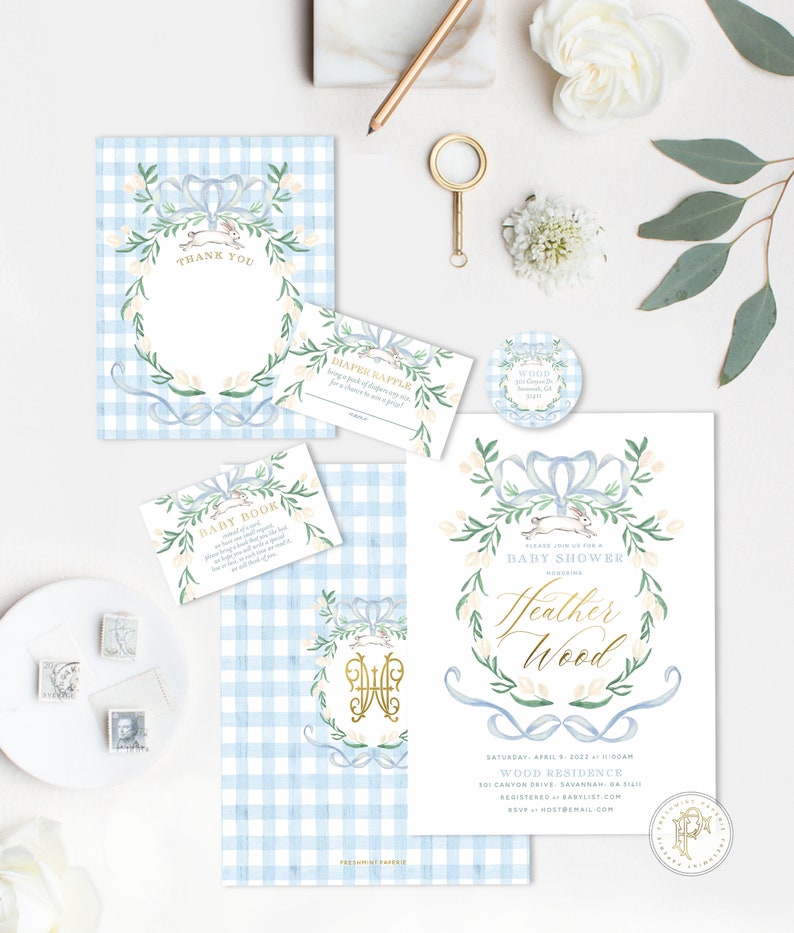 Bunny baby shower invitations, Spring Bunny invitation, baby shower, Easter invitation, Blue Bunny invitation, Rabbit Invitation, Watercolor image 2