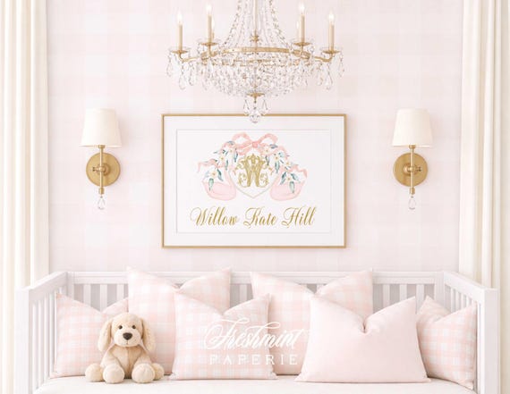 Swan Nursery Wall Art, Monogram, Pink Floral Crest