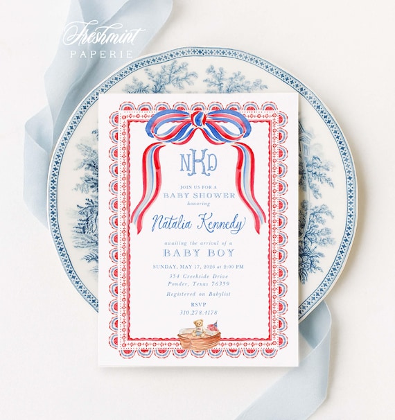 Patriotic Baby Shower Invitation, Monogram, Baby Boy, Watercolor, Blue Bow, Star Spangled Banner, Bear, American Flag, Boat, 4th of July