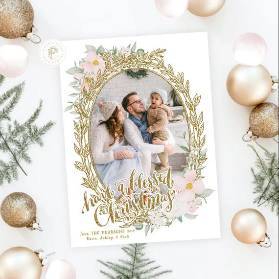 Custom Photo Christmas Card, Floral Holiday Card
