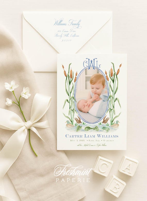 Mallard Duck Birth Announcement, Boy Birth Announcement, Birth Announcement, Monogram Birth Announcement, Welcome Baby