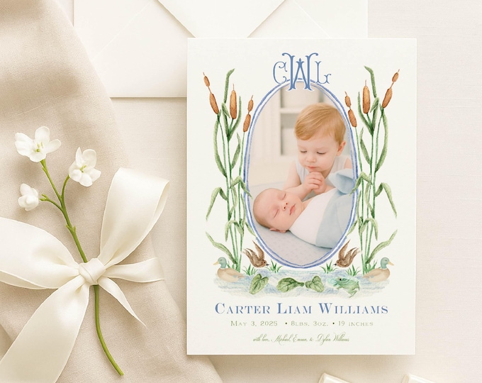 Mallard Duck Watercolor Boy Birth Announcement