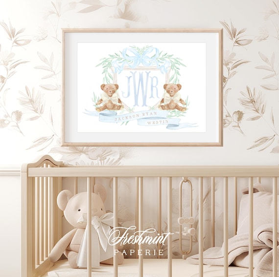 Teddy Bear wall Art, Brown Teddy Wall Art, Nursery Monogram Crest, Teddy Bear Art, Custom nursery wall art, Monogram crest, Boys Nursery