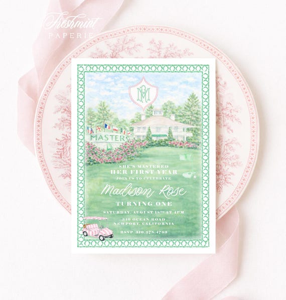 Preppy Pink Golf Birthday Invitation: Monogram, Masters, Watercolor