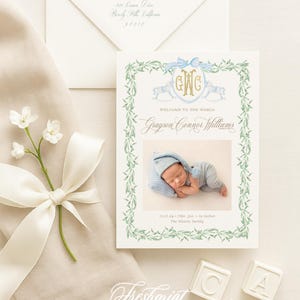 Watercolor Birth Announcement, Baby Boy Birth Announcement, Birth Announcement, Monogram Birth Announcement, Baby Baby, Welcome Baby, Crest