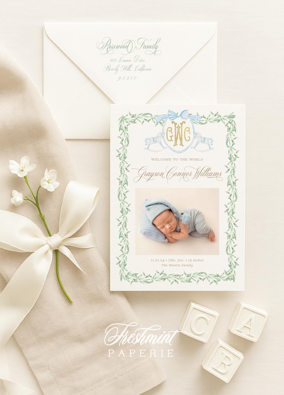 Watercolor Birth Announcement, Baby Boy Birth Announcement, Birth Announcement, Monogram Birth Announcement, Baby Baby, Welcome Baby, Crest
