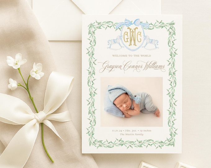 Watercolor Crest Baby Boy Birth Announcement