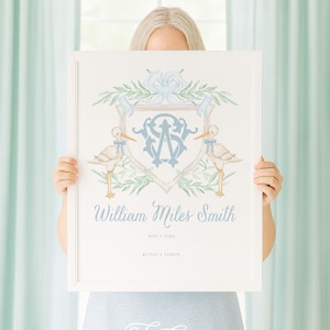 Stork wall art, Nursery wall art, Monogram Nursery Wall Art, Nursery name print, Newborn Sign, Announcement Crest, Welcome Newborn Sign