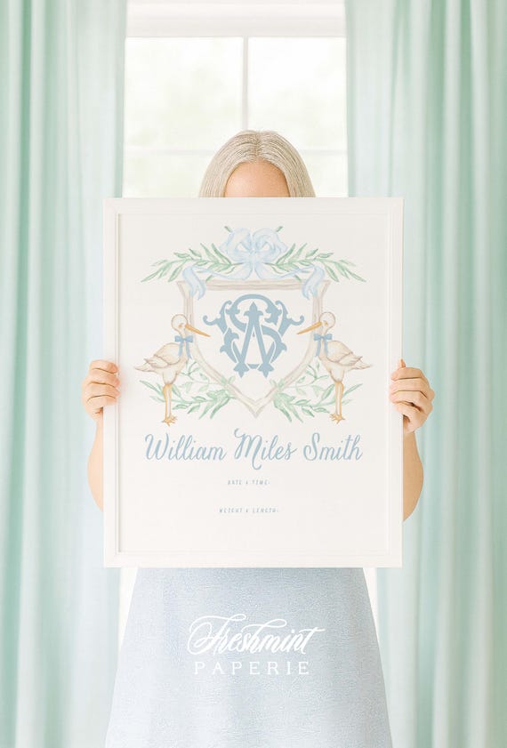 Stork wall art, Nursery wall art, Monogram Nursery Wall Art, Nursery name print, Newborn Sign, Announcement Crest, Welcome Newborn Sign