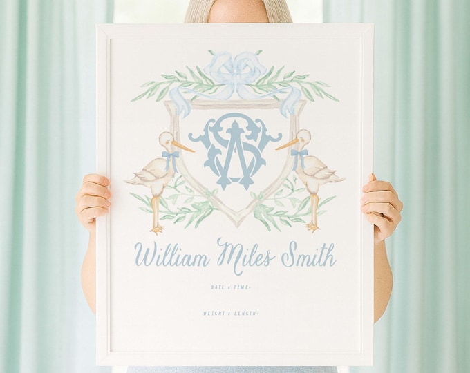 Custom Stork Nursery Name Print, Monogram Announcement Crest, Welcome Newborn Sign