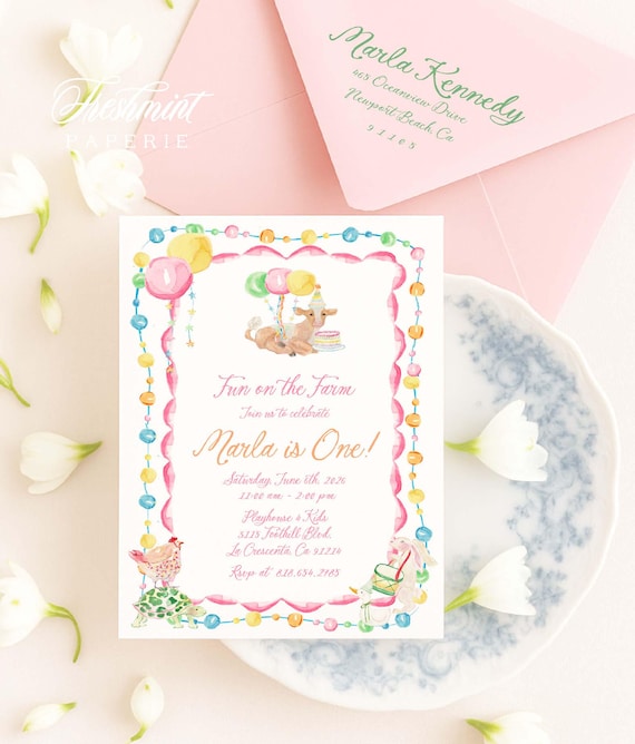 Pink Farm Birthday Invitation: Barnyard Party Animals, Balloons, Petting Zoo, Confetti