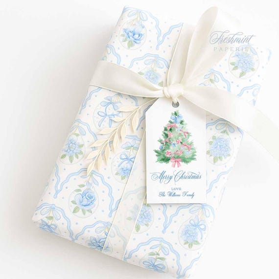 Christmas Gift Tags, Personalized, Chinoserie, Grandmillennial, Pink ribbon