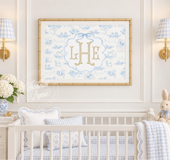 Blue Toile Monogram Nursery Print, Chinoiserie, Custom, Grandmillennial