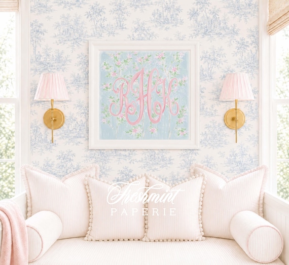 Monogram Wall Art, Chinoiserie, Cherry Blossom, Grandmillennial, Watercolor