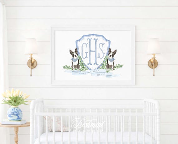 Boston Terrier Nursery Print: Custom Dog Wall Art, Monogram, Blue