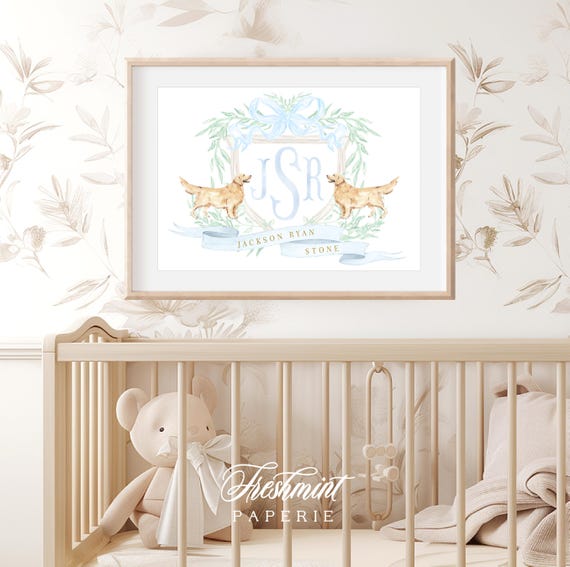 Golden Retriever, Golden Retriever Wall Art, Nursery Monogram Crest, Golden Retriever Art, Custom nursery wall art, Monogram crest
