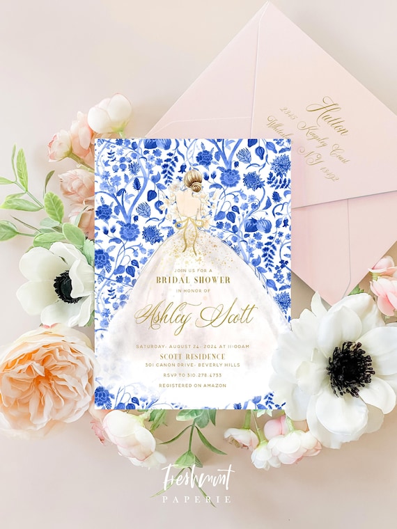 Something Blue invitation, Bridal Shower Invitation, Watercolor Bride invitation, chinoiserie invitation, Bride dress invitation