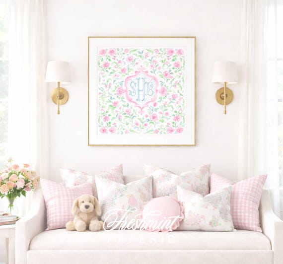 Monogram Wall Art, Monogram, Medallion, Grandmillennial, Watercolor