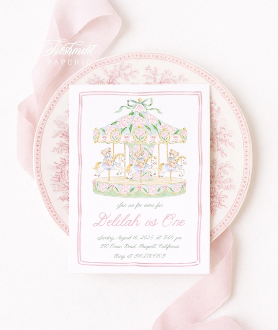 Carousel Birthday Invitation: Whimsical Bear, Pink Bows