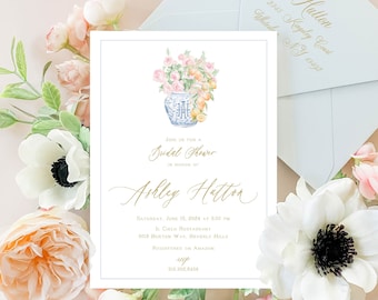 Ginger Jar Toile invitation - Kitchen Shower invitation - Ginger Jar Invitation - Chinoiserie invitation - Something Blue - Peony