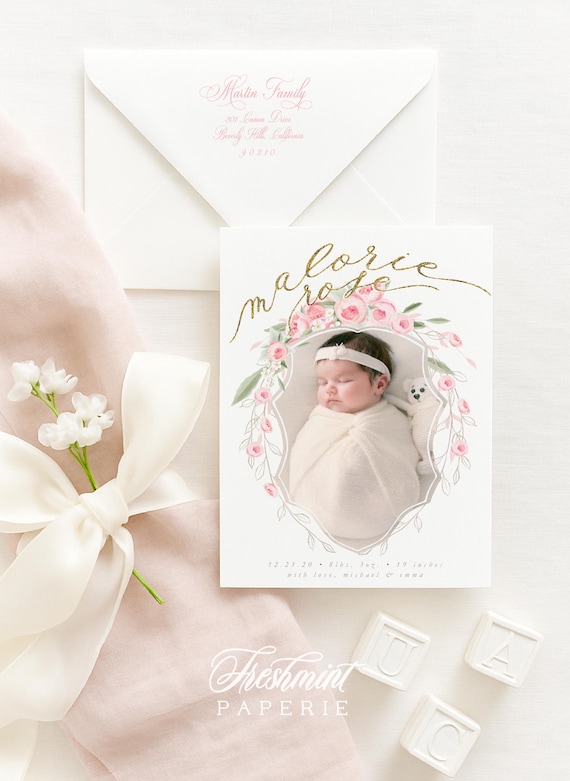 Pink Birth Announcement, Pink Peony Announcement, Birth Announcement, Monogram Birth Announcement, Roses, Welcome Baby