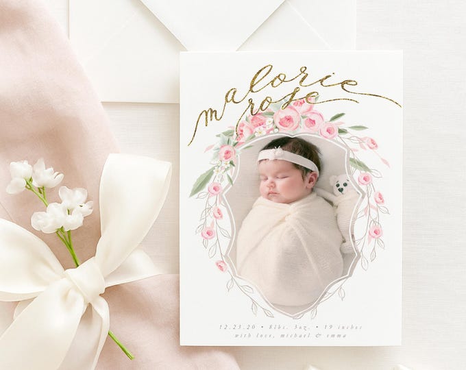 Pink Birth Announcement, Pink Peony Announcement, Birth Announcement, Monogram Birth Announcement, Roses, Welcome Baby