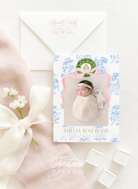 Watercolor Birth Announcement, Girl Birth Announcement, Birth Announcement, Chinoiserie Birth Announcement, Birth Announcement, Welcome Baby
