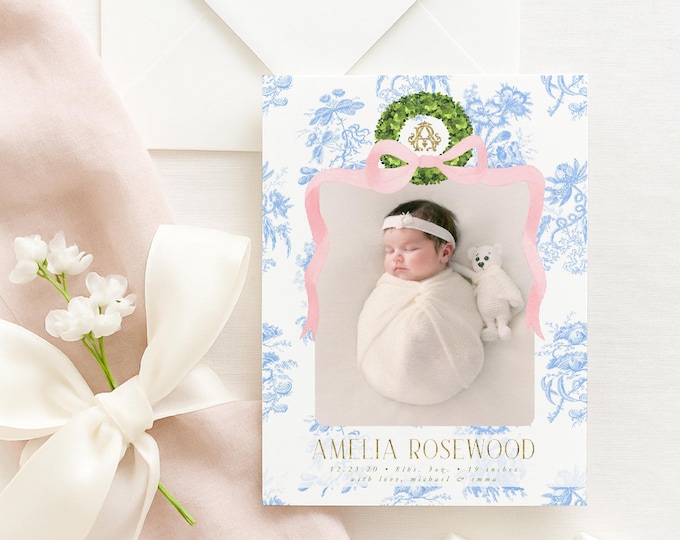 Watercolor Birth Announcement, Girl Birth Announcement, Birth Announcement, Chinoiserie Birth Announcement, Birth Announcement, Welcome Baby