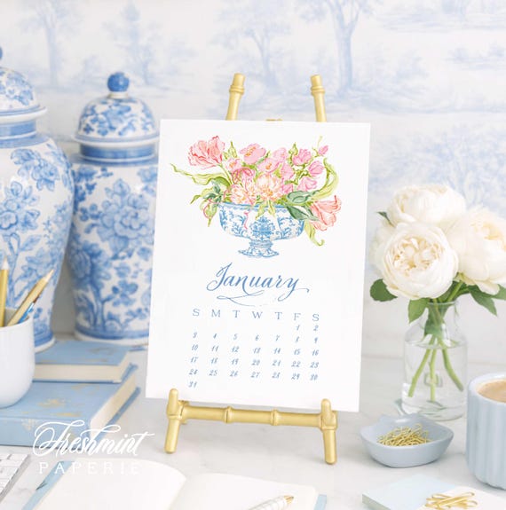 Watercolor Desk Calendar, Ginger Jar Chinoiserie Monthly Planner, 2027