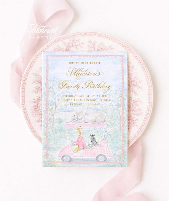 Safari Birthday Invitation: Party Animals, Golf, Pink, Gingham