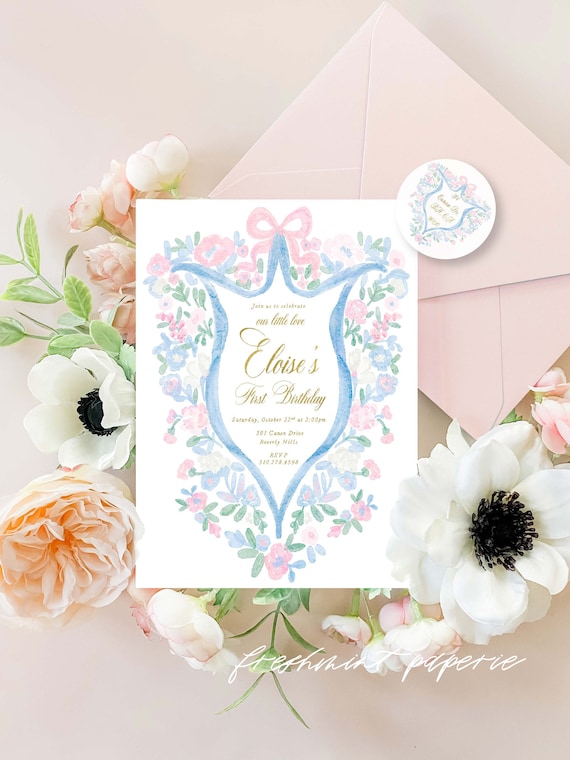 Watercolor Floral Crest Invitation - Watercolor Crest Invitation - First Birthday Invitation - Whimsical invitation - Watercolor Crest