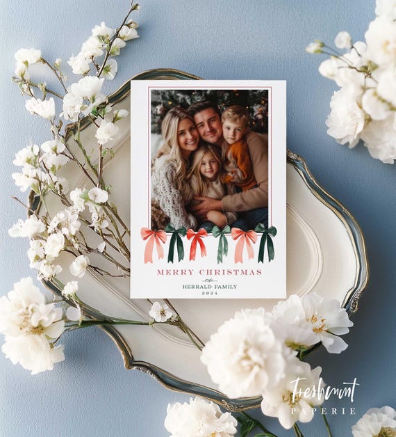 Plaid Bow Photo Christmas Cards, Custom Family Holiday Cards