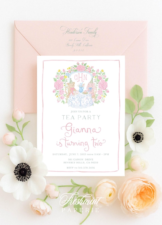 Tea Party invitation, Tea for Two, Chinoiserie Tea Party, Floral Tea Party invitation, Monogram Crest, Watercolor, Tea Party, Toile