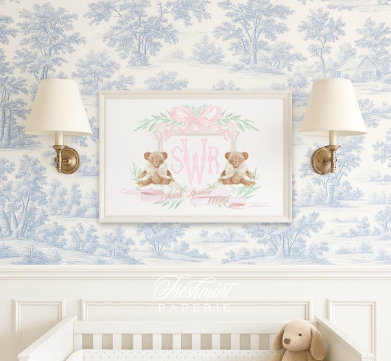 Teddy Bear wall Art, Brown Teddy Wall Art, Nursery Monogram Crest, Teddy Bear Art, Custom nursery wall art, Monogram crest, Girls Nursery