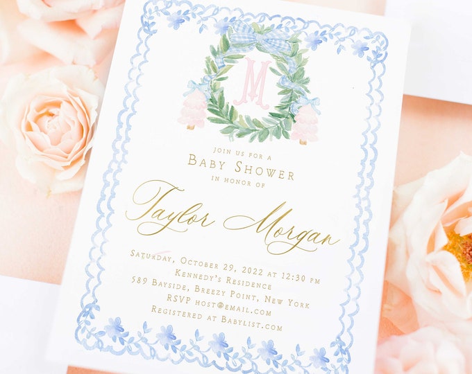 Chinoiserie Baby Shower Invitation: Pink Christmas Tree, Monogram