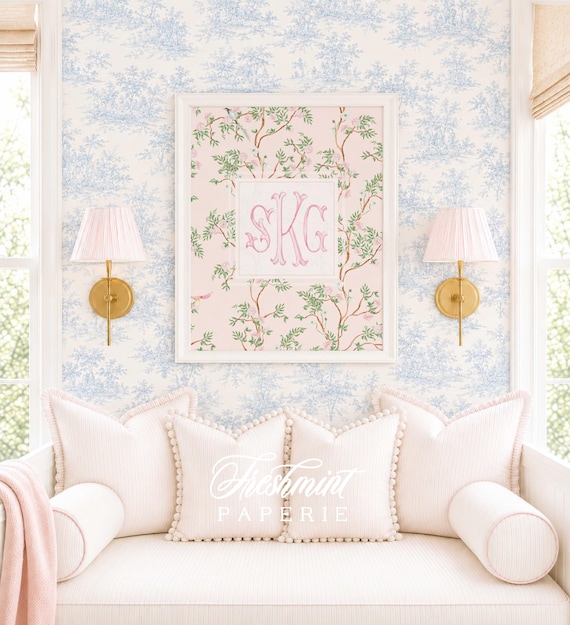 Watercolor Chinoiserie Monogram Nursery Art, Custom Wall Print, Cherry Blossom, Grandmillennial