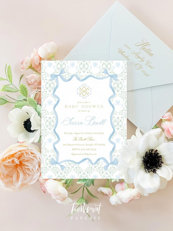 Monogram invitation, Baby Shower Invitation, Boy Baby Shower Invitations, Watercolor Bow invitation, Bow Frame