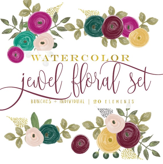watercolor floral clipart - jewel tone flowers clipart - clipart - watercolor clipart - watercolor leaf clipart - freshmint paperie
