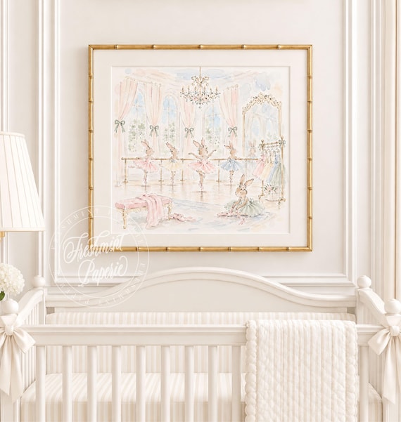 Nursery Wall Art, Bunny Ballet, Ballerina, Grandmillennial, Chinoiserie