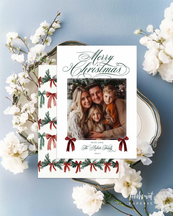 Custom Photo Christmas Cards, Ribbon Design, Family Holiday Card