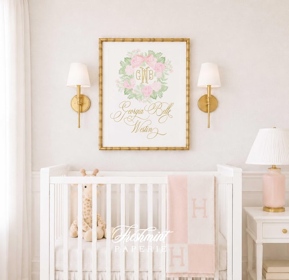 Personalized Baby Name Nursery Print, Floral Monogram Crest