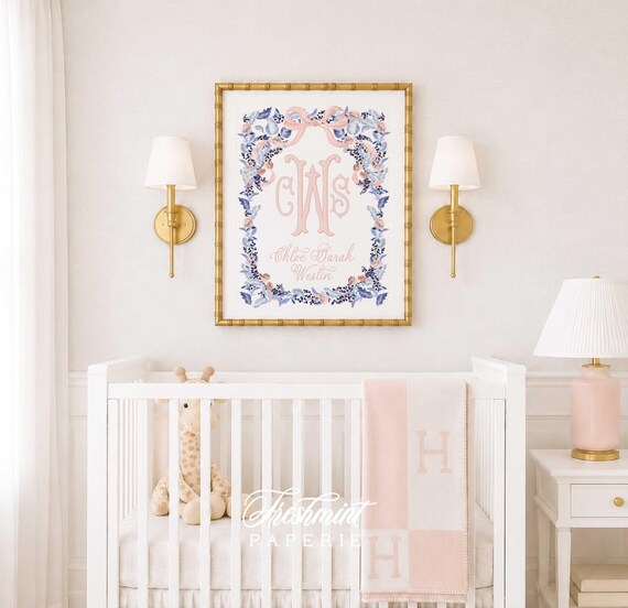 Floral Monogram Nursery Print, Custom Name Wall Art