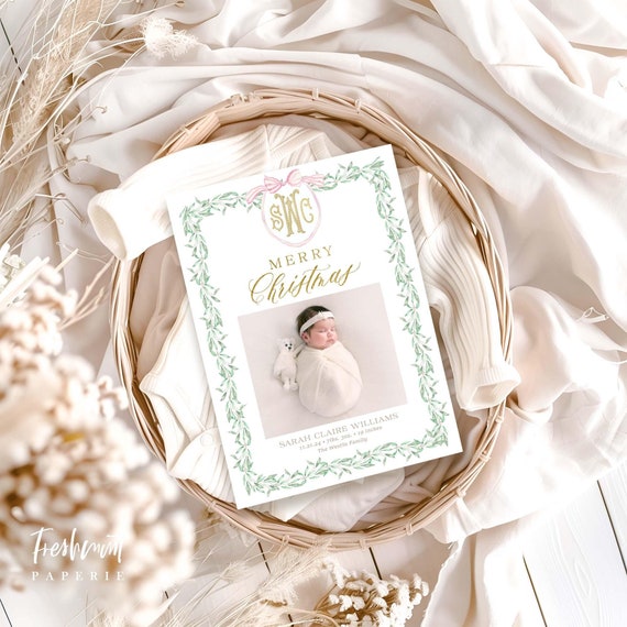 Pink crest Holiday Cards, Christmas card, Photo Christmas cards, Photo holiday cards, Pretty Holiday Cards, Monogram, Wreath, newborn card