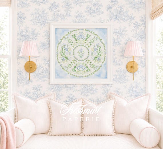 Watercolor Medallion Wall Art, Monogram, Grandmillennial, Paisley